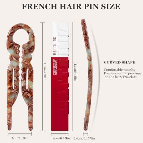Sunolga 3 PCS Prestige French Hair Pins for Women, 4.38" Large Lialys Hair Pins for All Hair, Curved Shape for Better Head Fit Hair Accessories, Serrated Anti-Slip Design Hairpins
