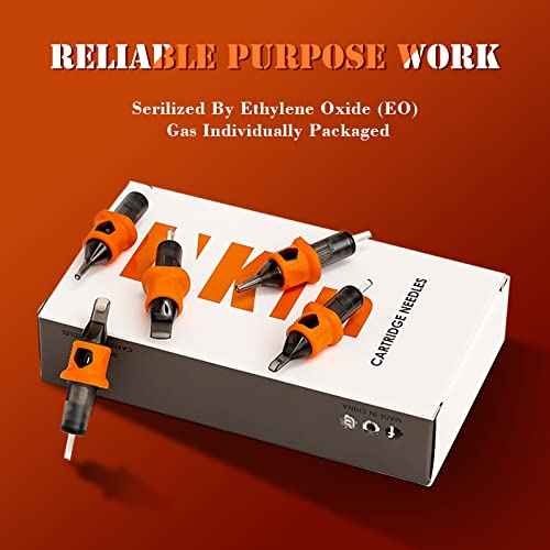 INKin 40Pcs Tattoo Cartridge Needles Assorted Disposable Tattoo Needle Cartridges with Finger Ledge #12 Standard Round Liner 3RL 5RL 7RL 9RL 11RL with Safety Membrane for Tattoo Gun Tattoo Supplies