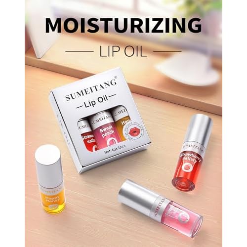 3Pcs Hydrating Lip Oil Set£¬Non-sticky Lip Oils Gloss Lip Balm Lip Care£¬Deeply Nourishing and Repairing Prevents Lips Chapped and Lighten Lip Lines(Honey£¬Peach£¬Strawberry)