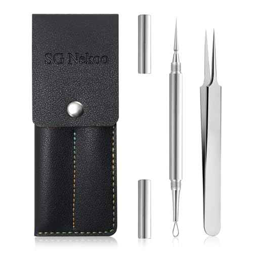 SGNEKOO Professional Facial Milia Removal Tool and Whitehead Extractor,Titanium Alloy Double Ended Needle and Steel Tweezers Kit,Blackhead,Blemish,Zit and Pimple Acne Remover Popper (Stainless Silver)