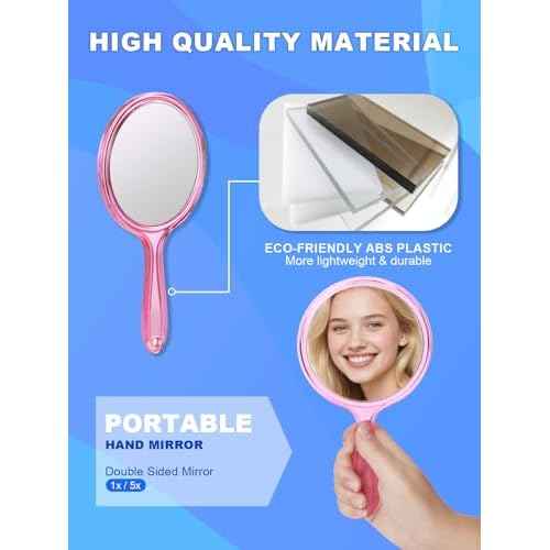 Handheld Mirror with Handle, 10.5 x 5.7 inches, Double-Sided 1X/5X Magnification Travel Makeup Mirror for Women, Pink