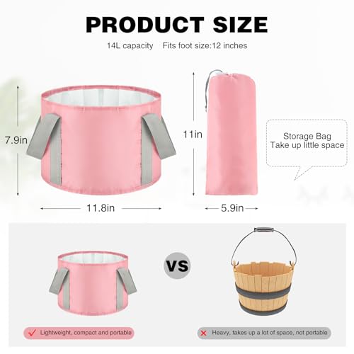 Maxcheck 14L 6 Pcs Pink Collapsible Foot Basin Tub Portable Soaking Feet Bath Bag Foldable Bucket with Handles Pedicure Foot Spa Tub for Travel Camping Outdoor Washing