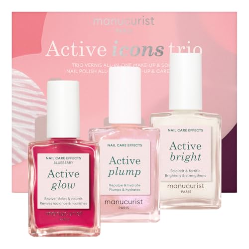 Manucurist Active Icons Trio Christmas Gift Set - Active Glow Blueberry, Active Shine, Active Plump Nail Polishes - Nail Strengthener - Brightening Treatment Polish & Care - Gifts for Women