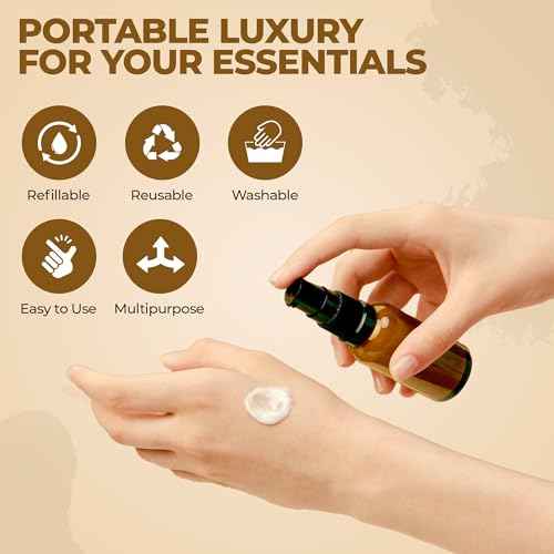 3 Pack Empty Refillable Glass Amber Pump Bottle Ideal for Lotion Cream Essential Oil Travel Small Container, 30ml