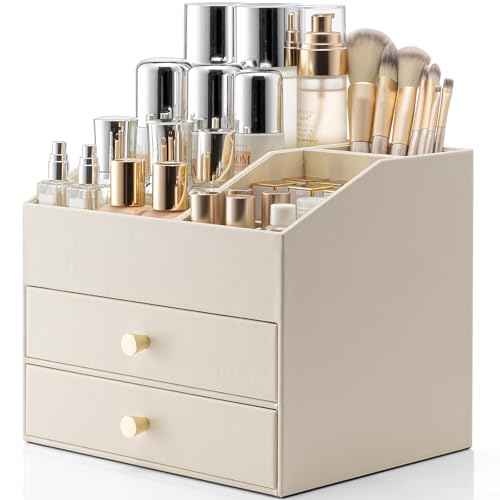 Vlando Makeup Organizer for Vanity,Large Capacity Countertop Organizer with Drawers, PU Leather Cosmetic Display Case for Lipstick,Brushes,Skincare,Bedroom Storage (Beige)