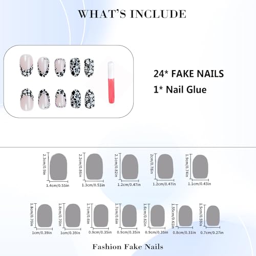 IMRAIN Press on Nails Short Oval Fake Nails with Cow Pattern & Rhinestone Designs Glossy Glue on Nails Extra Short Round Full Cover Black White Stick on False Nails for Women Girls 24Pcs