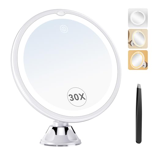 2025 Upgraded 30X Magnifying Mirror with Light, 8" Vanity Mirror with Power Suction Cup and Tweezers, 360¡Æ Swivel, Portable Bathroom Mirror with 3 Color Touch Dimmable Lights for Home Travel