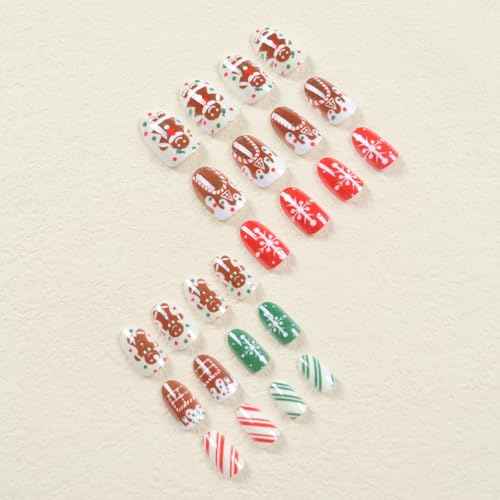 24Pcs Christmas Press on Nails Medium Almond Fake Nails with Snowman Snowflake Design Stick on Nails Bling Glitter False Nail Artificial Acrylic Glue On Nail for Women Nail Art Decoration