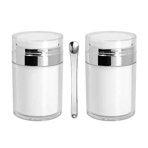 2Pack Airless Pump Jars with Cosmetic Spatula, 3.5 oz Empty Refillable Cosmetic Air Pump Jars Bottles Airless Lotion Cream Dispenser Portable Travel Makeup Containers (Silver)