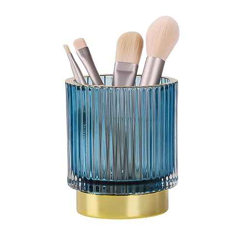 Blue Makeup Brush Holder, Glass Toothbrush Holders for Bathrooms, Gold Pen Holder for Desk, Vintage Make Up Brush Holder Vanity Organizer for Brushes, Lipstick, Eyebrow Pencil