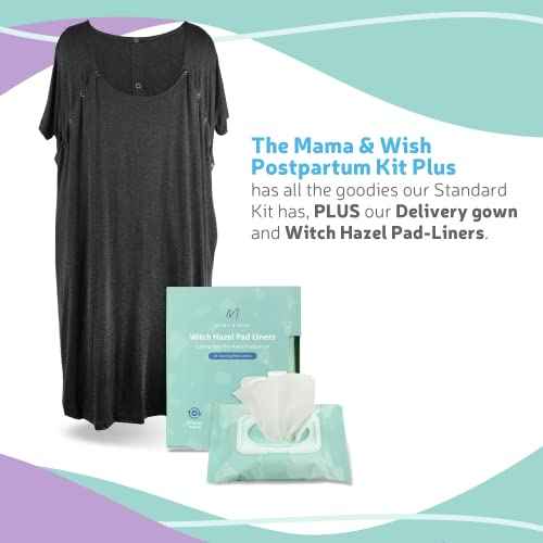 Mama & Wish¢ç Postpartum Essentials Kit (14-Piece) - Includes Hospital Post Partum Essentials for Women After Birth, Labor and Delivery Gown, Peri Bottle, Witch Hazel Foam, Pad Liners & More!