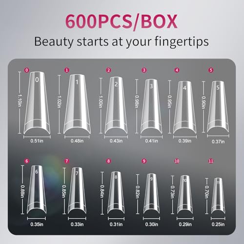 krofaue 600PCS Half Cover Coffin Nail Tips - Acrylic Nail Tips 12 Size Clear False Nails Tips with Box for Nail Salons and Home DIY (Clear)