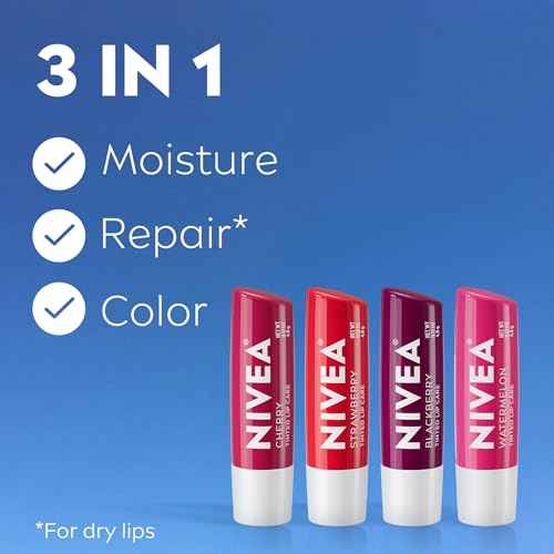 NIVEA Lip Care, Fruity Tinted Lip Balm Variety Pack, Cherry, Strawberry, Blackberry and Watermelon Flavors, 3-in-1 Moisture, Repair and Color, 0.17 Oz Stick, Pack of 4