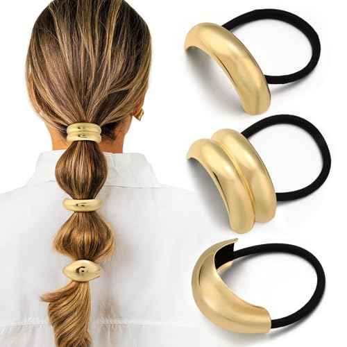 3PCS Gold Hair Ties, Metal Hair Ties for Thick Hair, Elegant Durable Geometric Design, Gold Hair Accessories Stretchy and Non-Damage Ponytail Cuff Holders, 3 Styles in Box Holiday Christmas Gifts