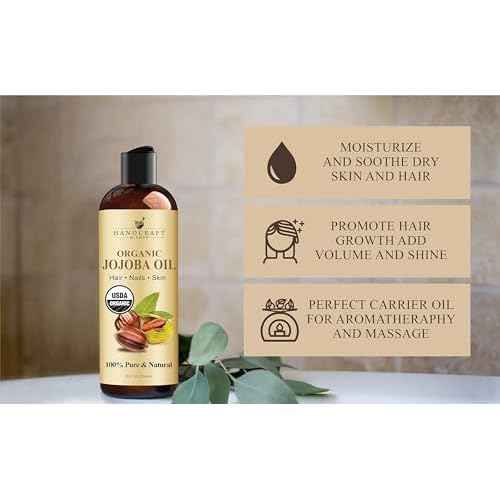 Handcraft Blends USDA Organic Jojoba Oil | Cold-Pressed | 8 Fl Oz | 100% Pure & Natural | for Hair, Skin & Face | Premium Grade Carrier Oil | for Massage & Aromatherapy | Hexane-Free