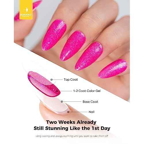 BURANO Glitter Gel Nail Polish - LED UV Curing, Holographic Effect, No Chip Sparkle Gel - Hot Pink (LP14)