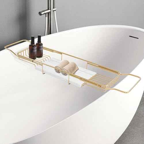 Bathtub Tray Caddy for Luxury Bath, Stainless Steel 26.8-35.4 in Expandable Extra Wide Bath Tub Tray with Natural Marble and Mobile/Tablet Stand, Ideal for Home Spa Lovers (Gold + White)