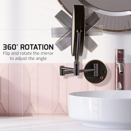 OVENTE Wall Mounted Lighted Makeup Vanity Mirror, 9" Hard Wired Double Sided 1X/7X Magnifying Bathroom Mirror, Dimmable LED Lights, 360¡Æ Rotation and 14" Extendable Arm, Rubbed Bronze MPWD3185BZ1X7X
