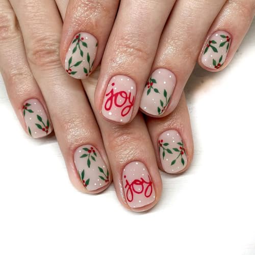 24Pcs Christmas Press on Nails Short Square Fake Nails Red False Nails Press Ons With Christmas Fruit Letter Printing Design Nail Stick on Nails Acrylic Manicure Kit Nail for Women Decor