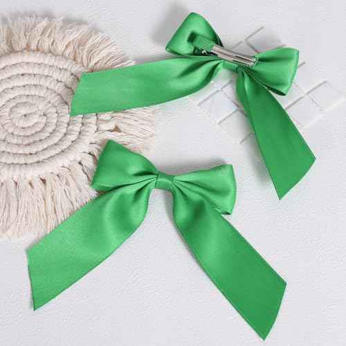 4" Satin Ribbon Hair Bows Green Long Tail Polyester Ribbon Hair Bow Clips Ponytail Holder Spring Dress Accessories for Teens Toddler Girls Kids Women St. Patrick¡¯s Xmas Gift
