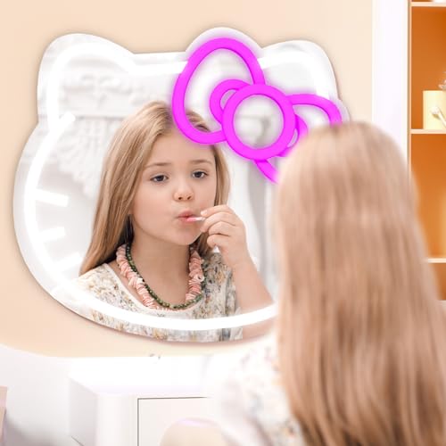 Anime Hello Kit Cat Neon Sign Mirror L16.1 W14 Vanity Mirror with Lights Bedroom Wall Mirror for Pink Room Decor and a Makeup Mirror with Lights Teen Girl Gifts