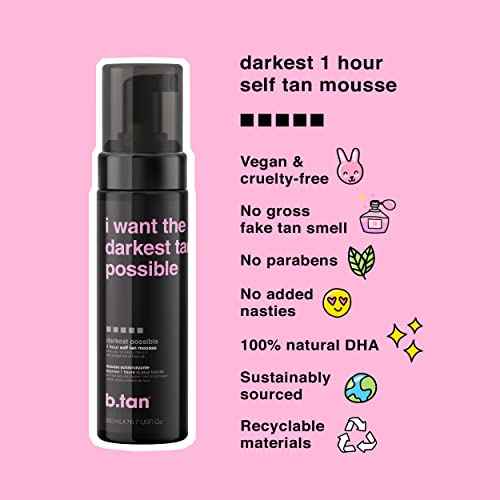 b.tan Ultra Dark Self Tanner Mousse | I Want The Darkest Tan Possible - Fast, 1 Hour Express Sunless Tanning Foam, Golden Bronzing Glow, Face & Body, No Fake Tan Smell, Vegan, Cruelty Free, 6.7 Fl Oz