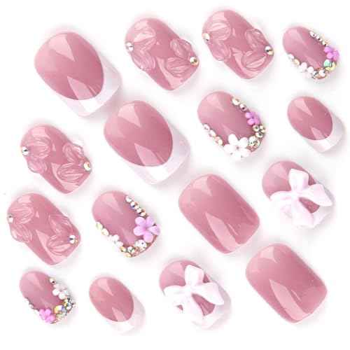 24Pcs French Tip Press on Nails with Pink Camellia Rhinestones Flash Short Square French Nails Press ons Cute Bow Sparkly False Nails Gel Glue on Nails Stick on Nails Flower Nails for Women Girls