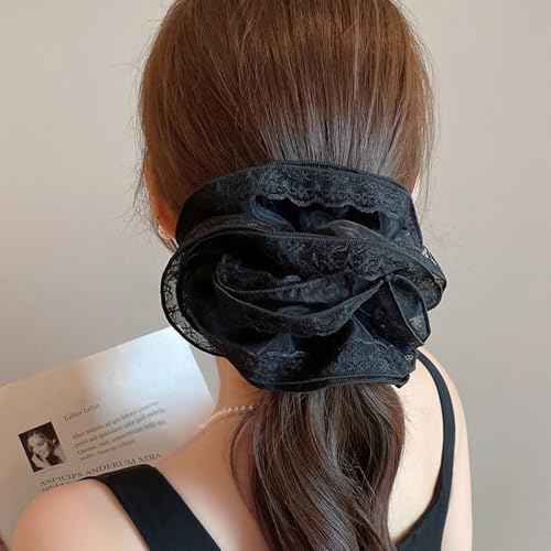 2 Pieces Lace Organza Scrunchies Large Hair accessories for Women girls Elegant lace hair ties ponytail thick curly hairs (Black)