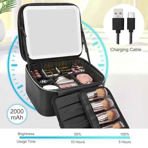 Relavel Travel Makeup Bag With LED Mirror, Cosmetic Train Case with Light up Mirror, Portable Makeup Artist Organizer Bag with Adjustable Dividers, Makeup Brush Holder Storage, Black