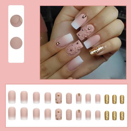 Medium Square False Nails Daisy Press on Nails Gradient Fake Nails Glitter Stick on Nails for Women and Girls 24PCS