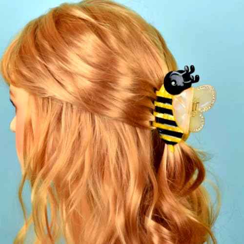 2pcs Cute Yellow Bee Hair Clips, Novelty Bumble Bee Claw Clips, Funny Acetate Bee Hair Accessories for Girls, 2.5 Inch Small Animal Hair Clips with Rhinestone Decoration