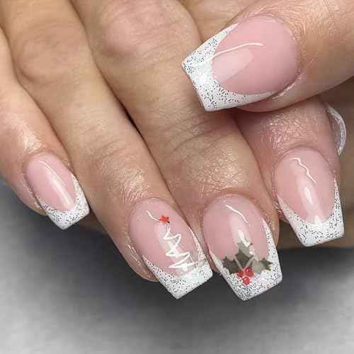 24 Pcs Christmas Pink Press on Nails Short Square - SHANRUN Xmas White French Fake Nails Press ons Nail Art Tip Glue on Nails Full Cover Artificial Acrylic False Nails with Christmas Tree Fruit Design