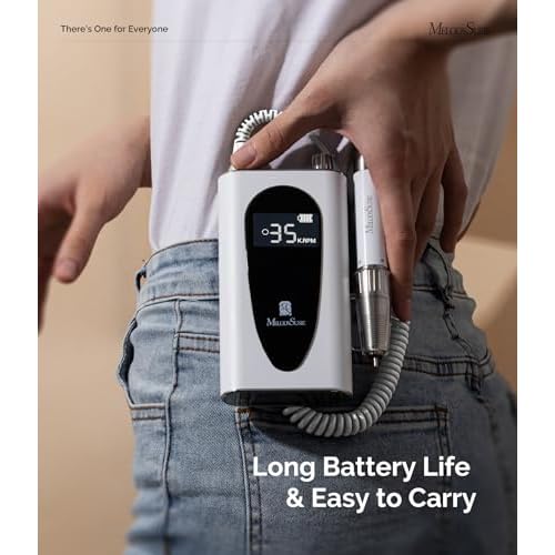 MelodySusie Waist-Mounted Professional Nail Drill MM400C White, 35,000RPM Portable Electric Nail File, Low Noise & Low Heat Coreless Motor Machine with 8 Pcs Nail Drill Bits, for Salon & Home Use