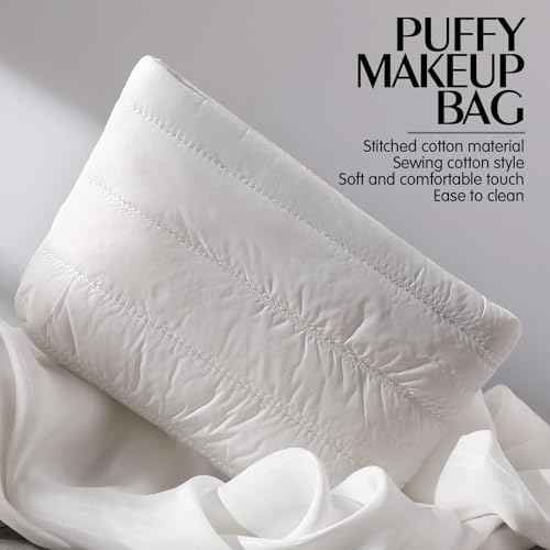 Hillban Puffy Quilted Makeup Bag Quilted Cosmetic Bag Cute Puffer Toiletry Checkered Pouch Aesthetic Travel Makeup Brushes Organizer(White,Classic Stripes)