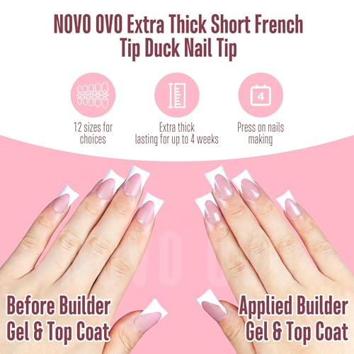 NOVO OVO French Tip Short Duck Nail Tips Press on, Pre-designed Soft Gel Nail Extension, BERRY PINK Pre-applied Tip Primer & Base Coat, Full Cover Matte Vrial False Nails for DIY x 12 Sizes 240 pcs