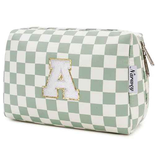 Narwey Initial Makeup Bag for Teen Girls Kids Trendy Stuff 6 8 10 11 12 13 14 16 18 Years Old, Personalized Monogram Cosmetic Toiletry Bag, Birthday Gifts for Women Tween (Green A)