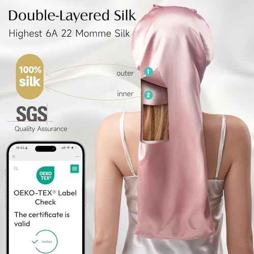 YFONG Double-Layered 100% Pure Mulberry Silk Bonnet for Long Hair, 22 Momme Silk Hair Bonnet for Sleeping with Elastic Tie Band, Real Silk Sleep Cap for Women Long Curly Hair, Pink