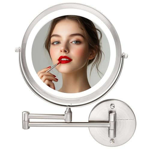 OVENTE Wall Mounted Lighted Makeup Mirror, 9" Double Sided 1X/10X Magnifying Vanity Mirror for Bathroom with LED Lights, Cordless, 360¡Æ Rotation and 13" Extendable Arm, Nickel Brushed MFW85BR1X10X