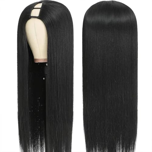 U Part Wigs With Drawstring for Women Straight Human Hair Wigs 200% Density U Part Human Hair Wigs Can Be Dyed and Bleached(#1B Natural Black, 20 inch)