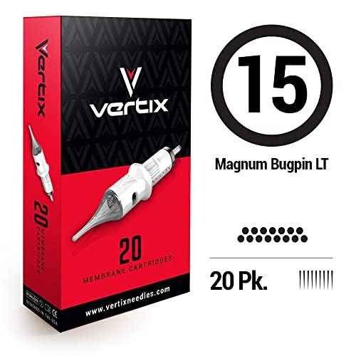 Vertix - 15 Magnum Curved Bugpin - Pack of 20 Membrane Tattoo Machine Cartridges - Transparent Detachable Tip, Minimize Tattoo Pen Machine Vibration