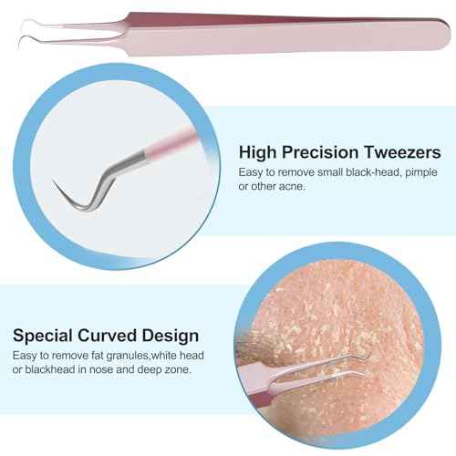 Pimple Popper Tool Kit Blackhead Remover Tools (5 Piece Kit), Professional Stainless Black Head Remover for face, Risk Free Treatment Pimple Extractor with Tweezers