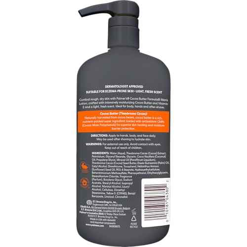 Palmer's Cocoa Butter Formula Men's Face Moisturizer & Body Lotion for Dry Skin, 33.8 oz, 3-in-1 Fast Absorbing Lotion for Men, 48-Hr Hydration with Vitamin E, Soothes Dryness, Dermatologist Approved