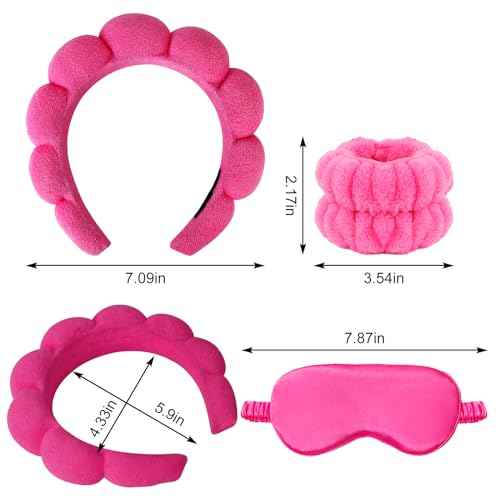 CAVETEE Spa Headband Set with Sleep Eye Mask, Thick Sponge Headband for Makeup Removal, Skincare, Shower (Hot Pink)