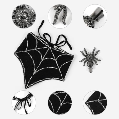Gothic Cotton Headbands for Women, Spooky Crochet Bandana Knitted Headband with Gothic Hair Accessories Halloween, Wicked Hair Spider Rhinestone Barrettes Triangle Scarf Alternative Accessories