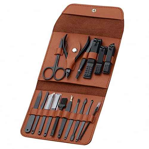 16 Pieces Manicure Set, Pedicure Kit, Nail Clippers, Stainless Steel Professional Personal Care Tool Kit, Nail Tools with Brown Case, Gifts for Men