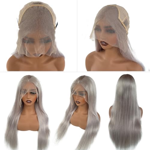 Smavida Grey Straight 13¡¿4 HD Transparent Lace Front Wigs Pre Plucked Silver Human Hair Wigs for Black Women 150 Density Grey 100% Brazilian Virgin Human Hair Wigs with Baby Hair Natural Hairline