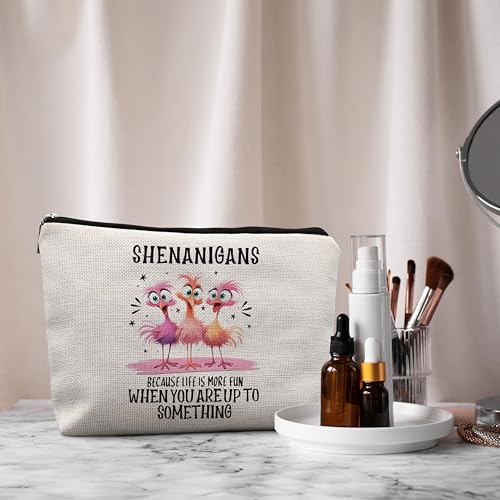 Funny Pink Flamingo Makeup Bag, Flamingo Gifts for Women, Pink Flamingo Gifts, Shenanigans Because Life is More Fun When You Up to Something Cosmetic Bags Toiletry Bag