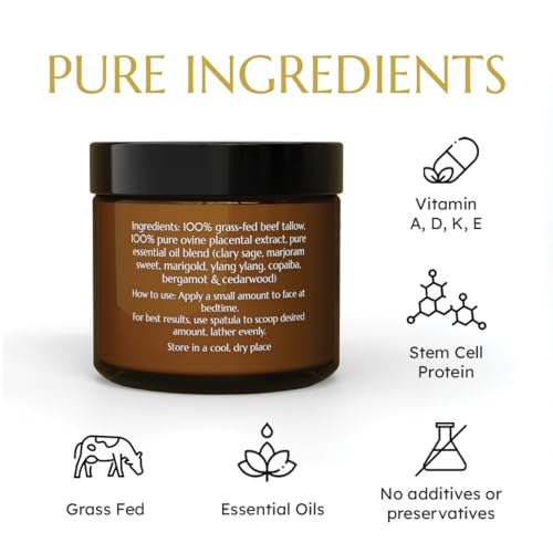 Night Face Balm - Grass Fed Tallow Cream w/Essential Oils. Growth Factors & Stem Cells for Natural Skin Rejuvenation. Collagen and Elastin to Boost Skin Renewal. Clean Beauty, No Additives