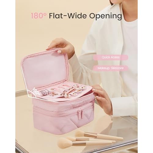 LOVEVOOK Travel Makeup Bag,Large Open Flat Tolietry Bag for Women,Waterproof Portable Cosmetic Pouch,Double Layer Quilted Makeup Bag Organizer With Handle,Travel Essentials,Gift for Her