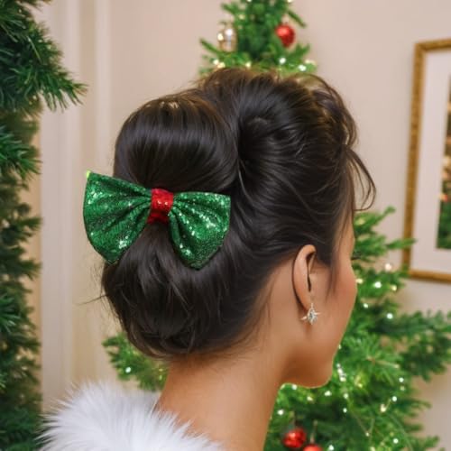 4" Red Sparkly Glitter Sequin Hair Bows for Women Girls Teens - Valentine's, Christmas, Birthday Gift, Party, Wedding Holiday Alligator Barrettes Green Red